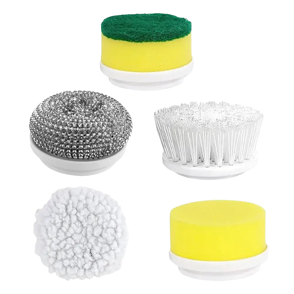 Set of five electric spin scrubber replacement brush heads with green yellow sponge silver steel wool and white bristles