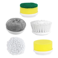 Set of five electric spin scrubber replacement brush heads with green yellow sponge silver steel wool and white bristles