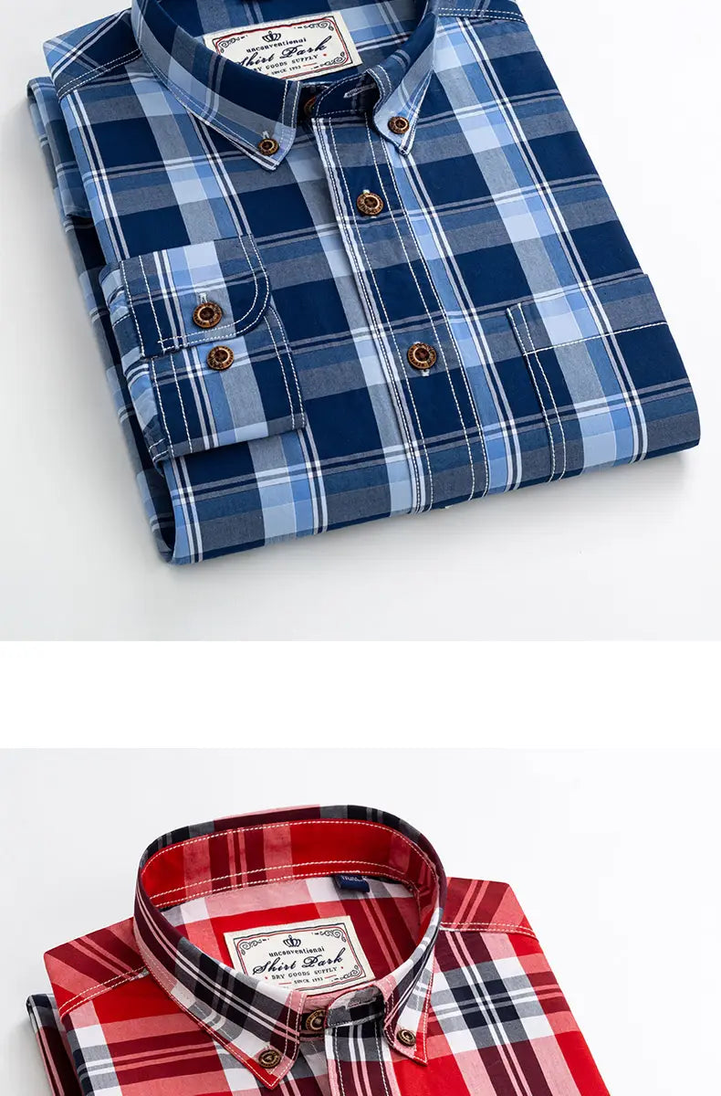 men’s cotton plaid long sleeve slim fit shirt in blue and white with a red black and gray plaid variant shown below.