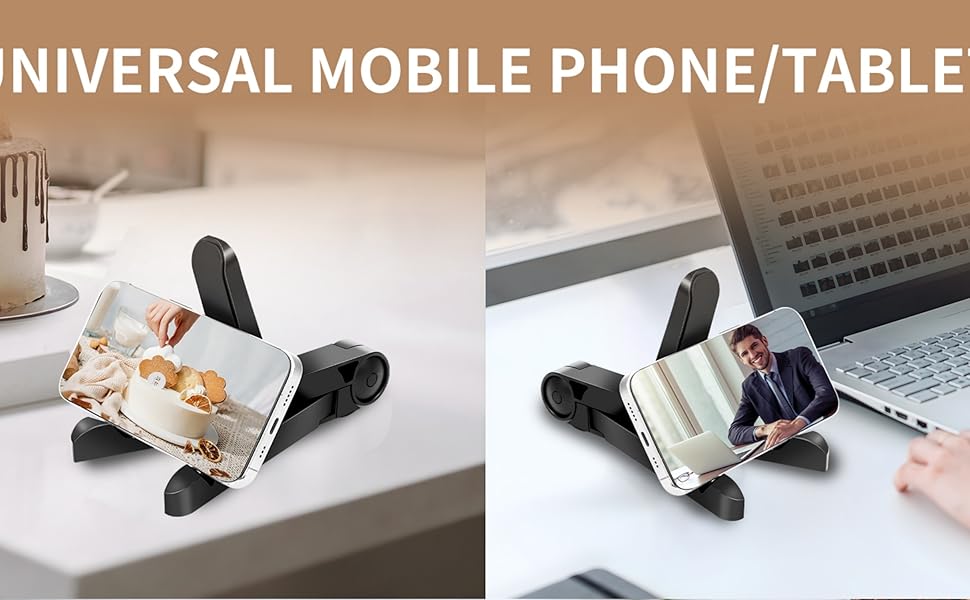 Black foldable tablet phone stand made of durable material with adjustable features for use as a portable monitor and desk holder.