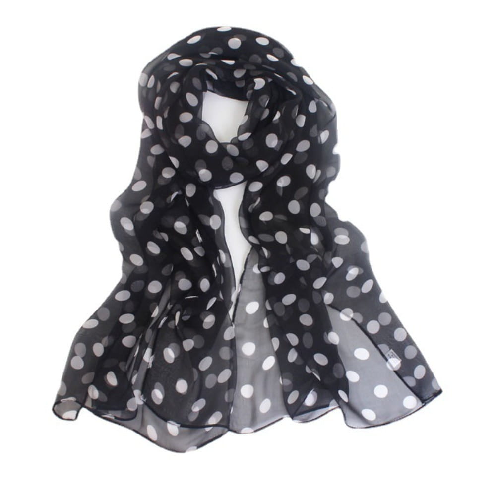 Black and white polka dot silk head wrap scarf made of sheer lightweight fabric.