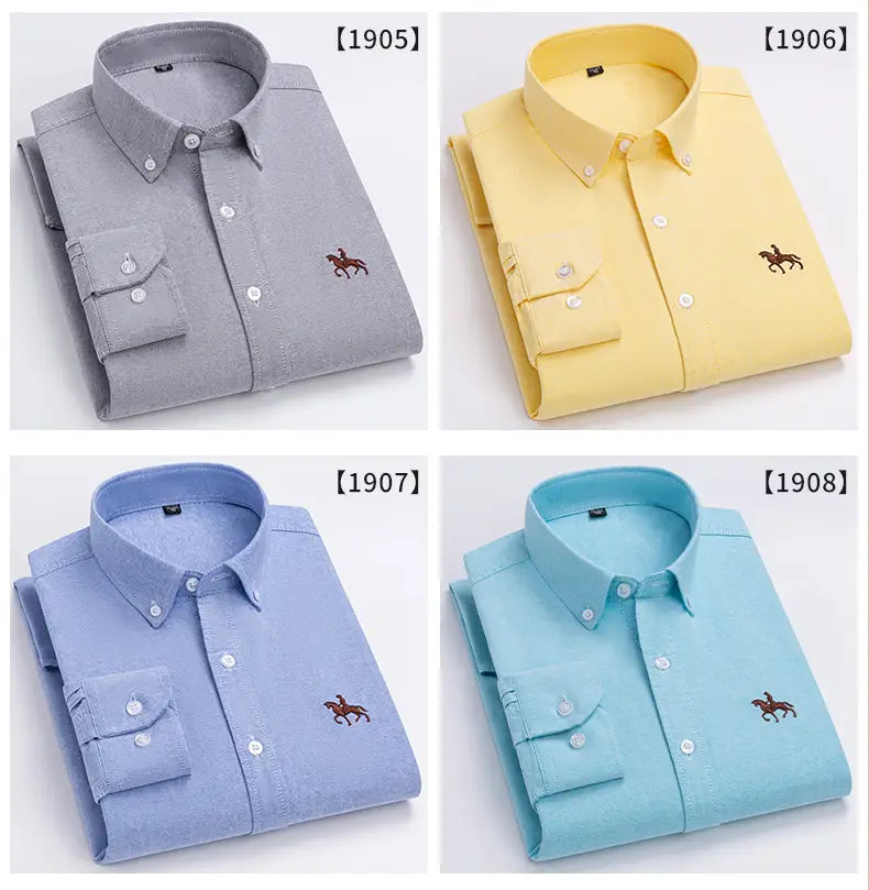 Chemises pour homme en oxford à coupe ajustée 100 % coton boutonnées, en gris, jaune, bleu clair et turquoise, avec un discret logo de cheval brodé sur la partie gauche de la poitrine.