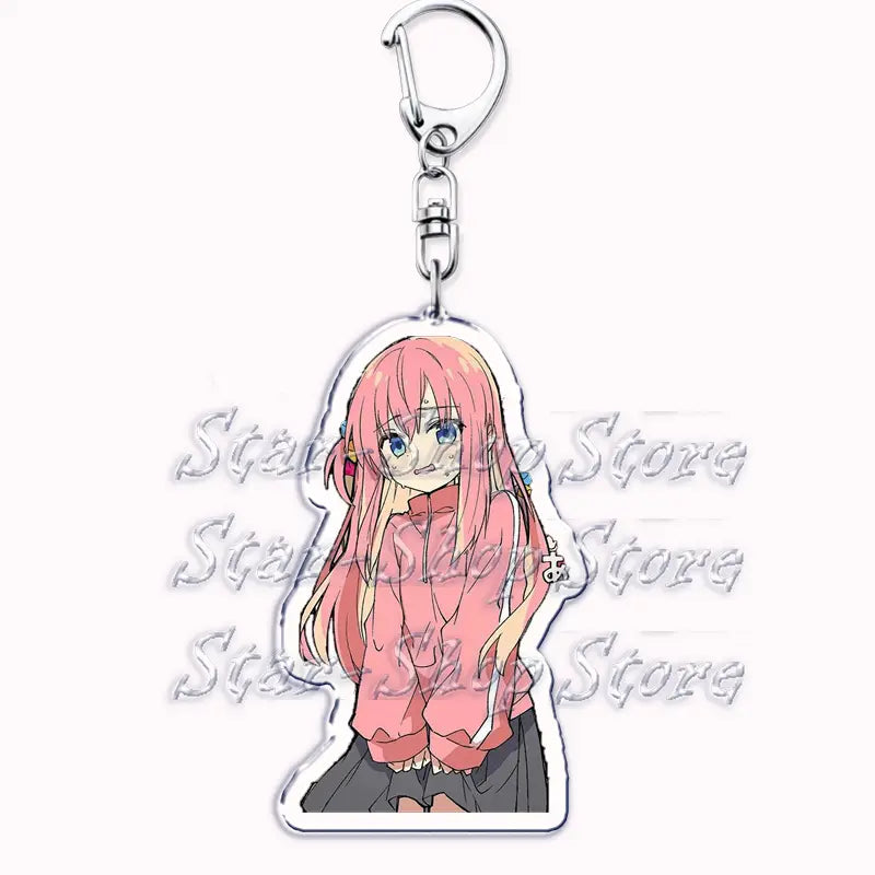 Pink-haired anime character acrylic keychain from Bocchi the Rock with clear acrylic body and silver metal clasp.