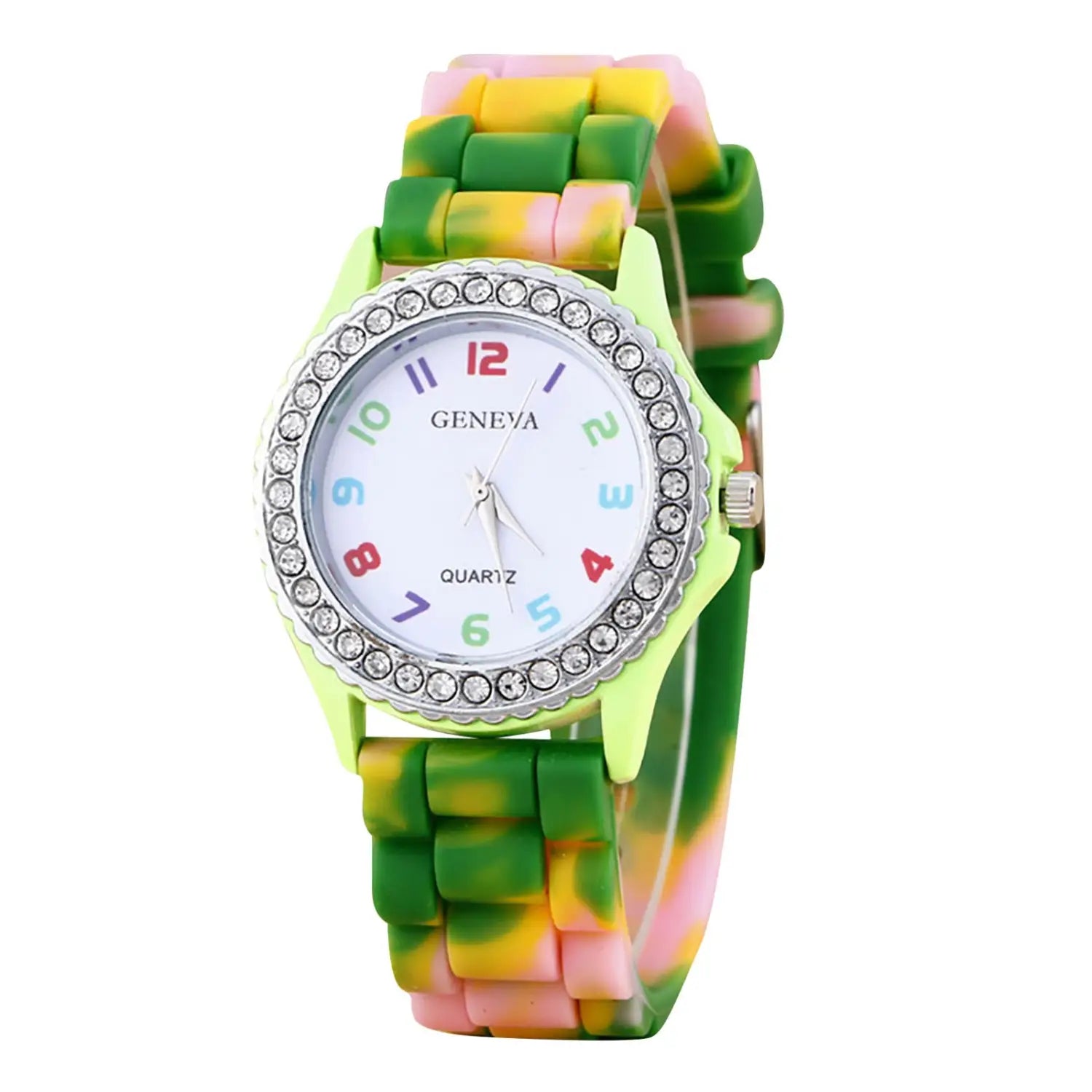 A girls crystal bling rainbow silicone watch with a vibrant neon green and multicolored silicone band, white face, colorful numerals, and silver bezel adorned with clear rhinestones.