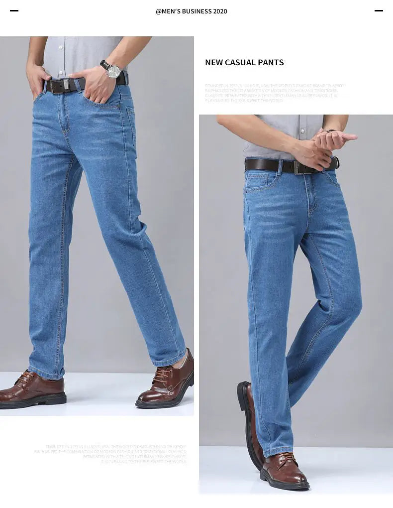 Men’s light blue stretch cotton straight jeans with a five-pocket design for casual wear.