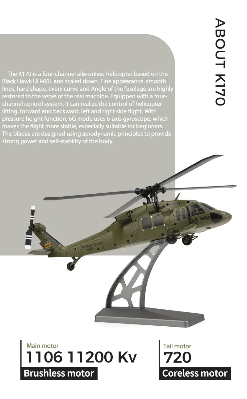 olive green wltoys k170 uh-60l remote control helicopter on a gray stand features an 800mah 20c battery for extended flight time.