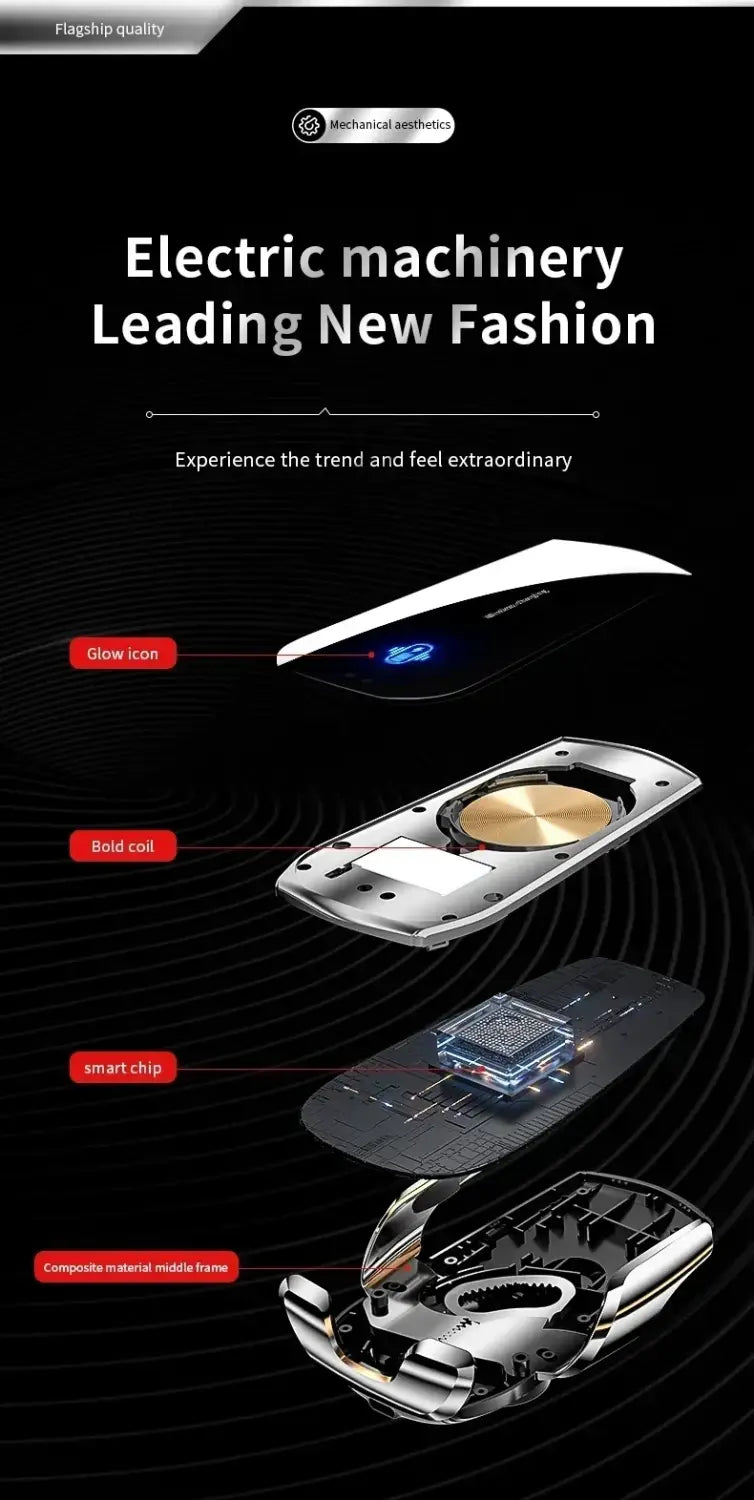 Silbernes und schwarzes Kfz-Wireless-Ladegerät mit leuchtendem Symbol, markanter Spule, Smart-Chip und mittlerem Rahmen aus Verbundmaterial, ausgelegt für die Verwendung der 15-W-Schnelllade-Lüftungshalterung.