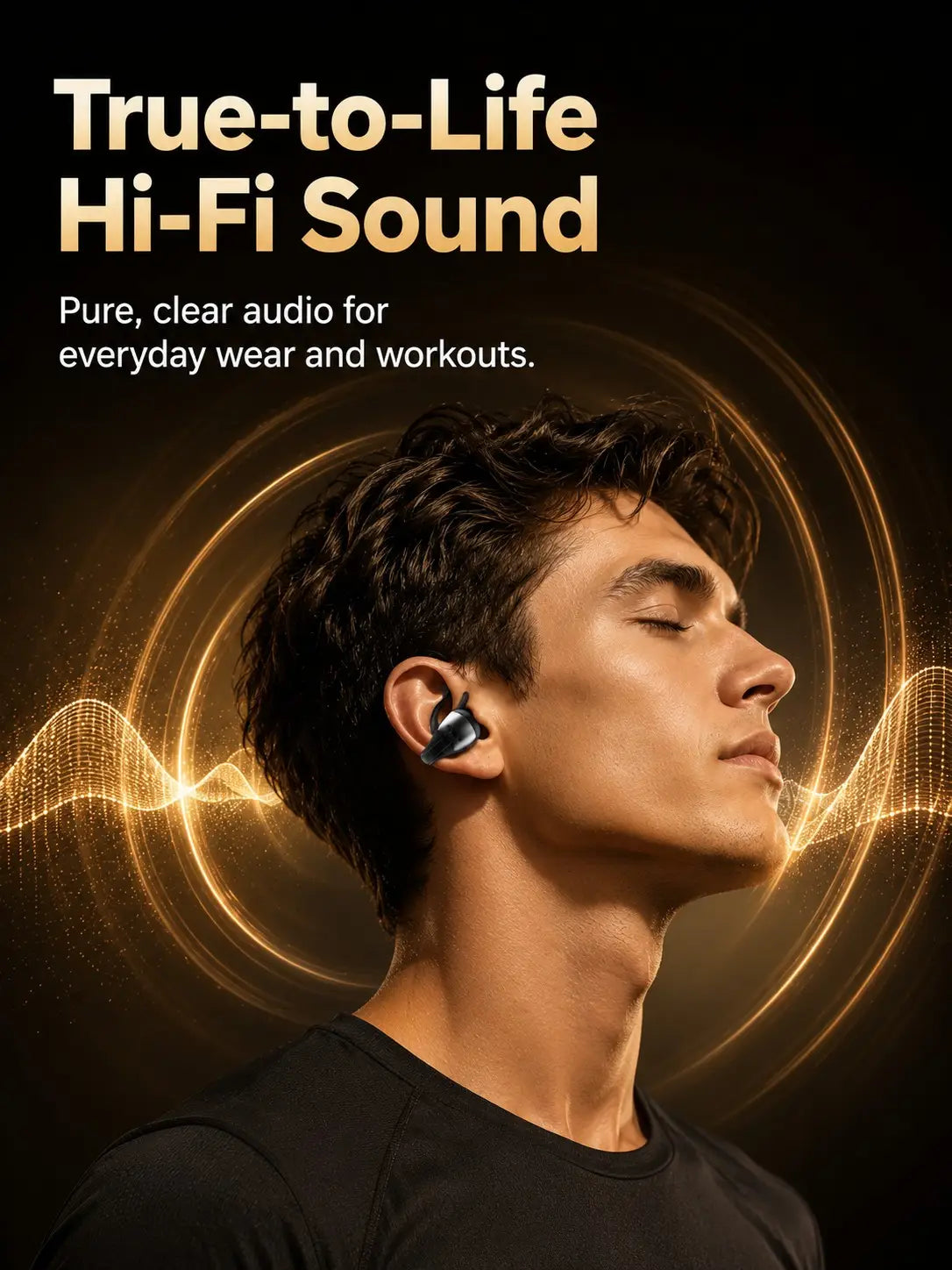 écouteurs Bluetooth à clip sur l’oreille ouverte noirs, avec un design ergonomique intra-auriculaire épuré, et une fonction de contrôle tactile, illustrés avec un étui de charge pour un son hi-fi réaliste.
