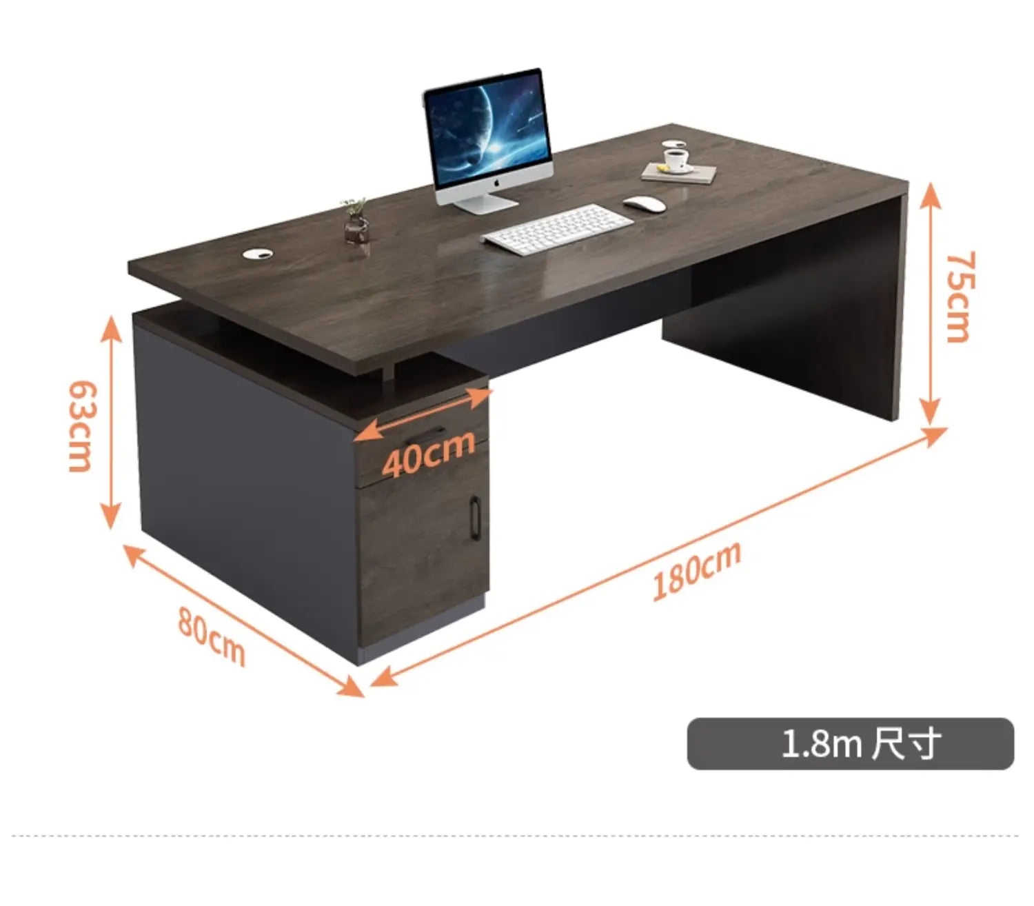 Bureau de travail en bois moderne avec tiroirs de rangement, présentant un design minimaliste élégant et une finition veinée de bois foncé.