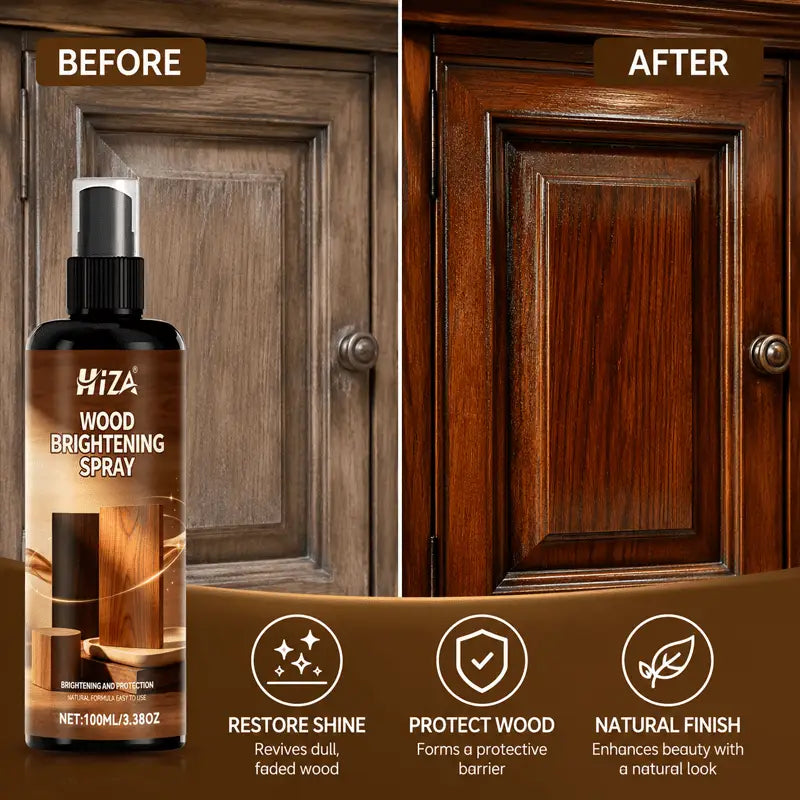 Bouteille de spray de lustrage pour bois Hiza marron foncé et spray anti-rayures, avec un embout de pulvérisation noir et une étiquette indiquant une capacité de 100 ml.