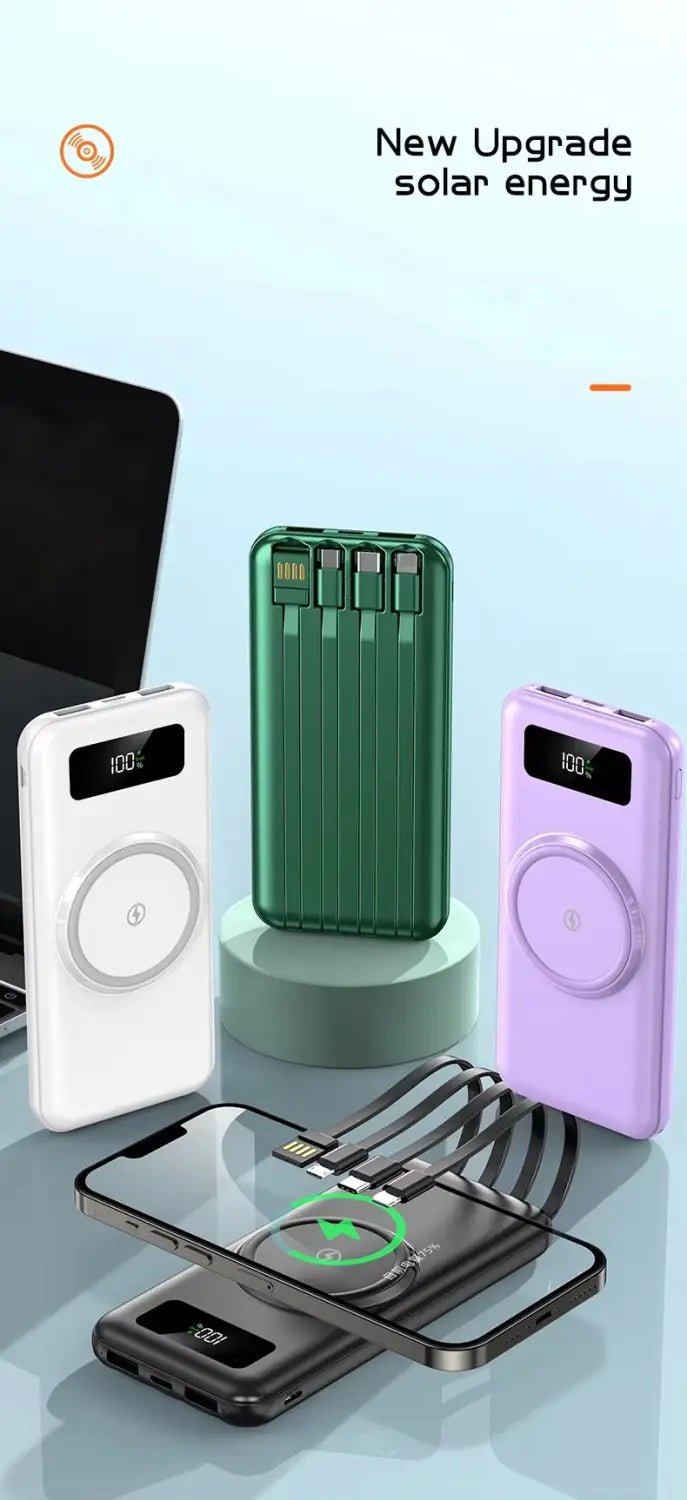 three portable quick charge power banks in white green and purple with built-in micro usb cables and li-polymer battery featuring circular charging pads on the front