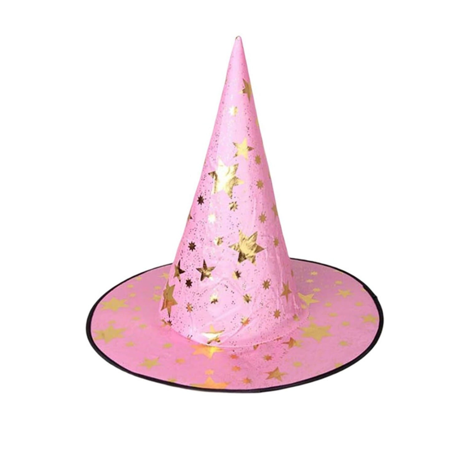 Pink witch halloween hat with gold star pattern and black rim used as halloween hat decoration and hat decoration props for wizard costume accessory.