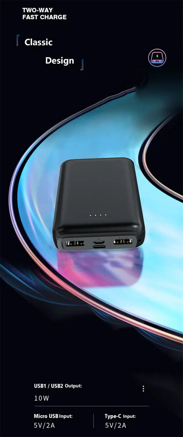 Black rectangular portable power bank with a sleek minimalist design and multiple usb ports for fast charging devices including heated vests and air conditioning clothing.