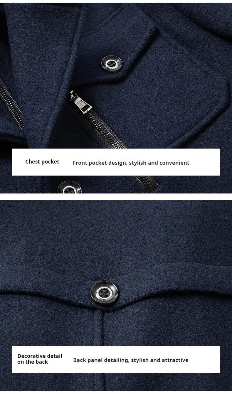 Dunkelblauer Herren-Woll-Trenchcoat mit Doppelkragen, mit Brusttaschen vorn und dekorativer Knopfdetaillierung auf der Rückseite.
