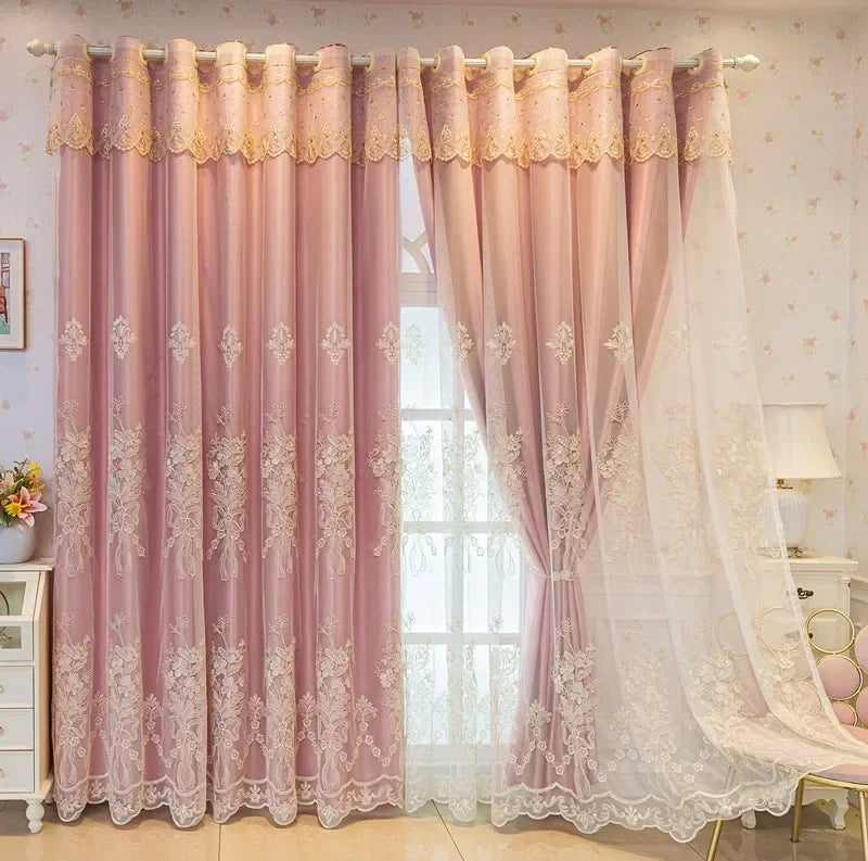 European Luxury Curtains for Living Room Bedroom  Embossed Embroidered Double-layer Blackout Cloth Gauze Integrated Custom Tulle