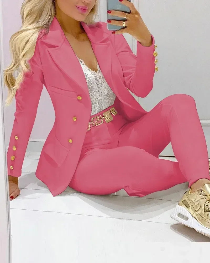 2026 Women Formal Jacket & Trousers Office Lady Outfits Autumn Women Two Pieces Set Print Blazer Coat & Pants Suit Sets Female