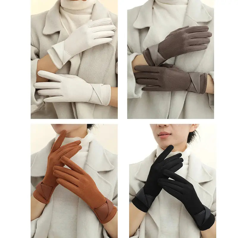 White brown tan and black leather women’s touchscreen suede winter gloves with a sleek elegant design and folded cuffs shown from the back side.