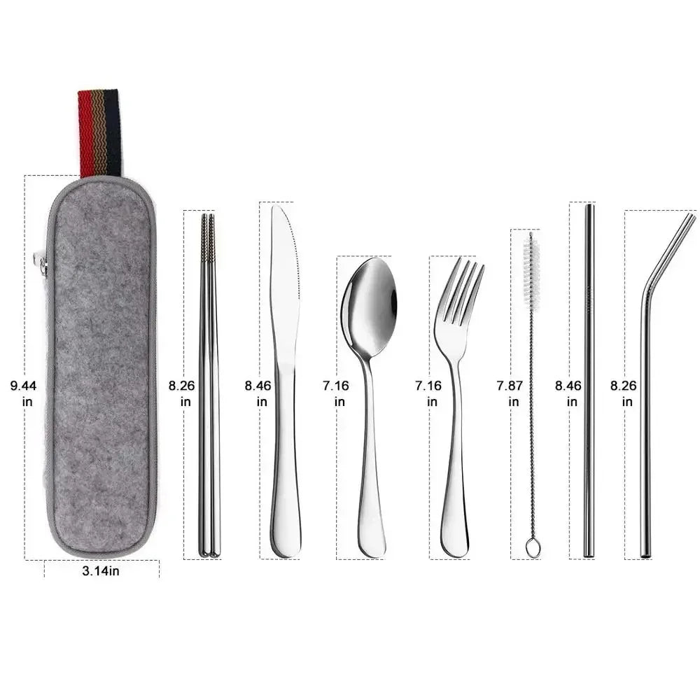 Tableware Reusable Travel Cutlery Set Camp Utensils Set with Stainless Steel Spoon Fork Chopsticks Straw Portable Case