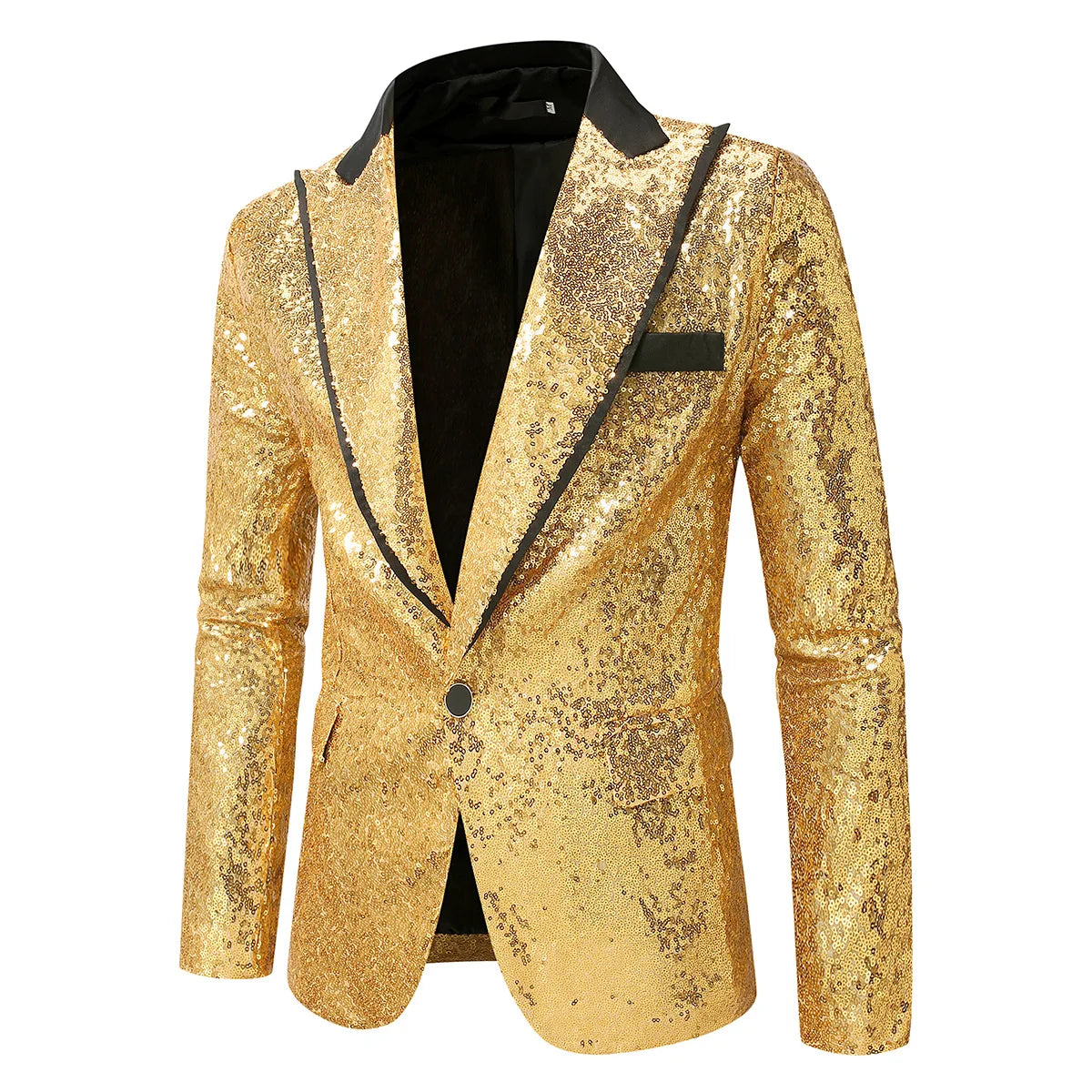 Blazer de soirée pour homme rouge à sequins, présentant un tissu doré à sequins scintillant, avec des finitions en satin noir et un carré de poche assorti.