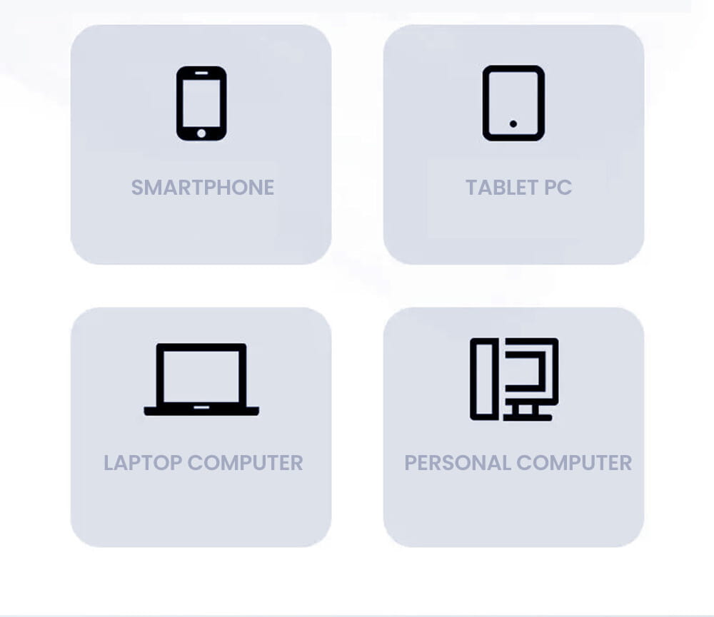 画像は、スマートフォン、タブレットPC、ノートパソコン、パーソナルコンピューターのアイコンが、有線オープンイヤーヘッドホンのボリューム調整機能とともに表示され、多機器対応であることを示しています。