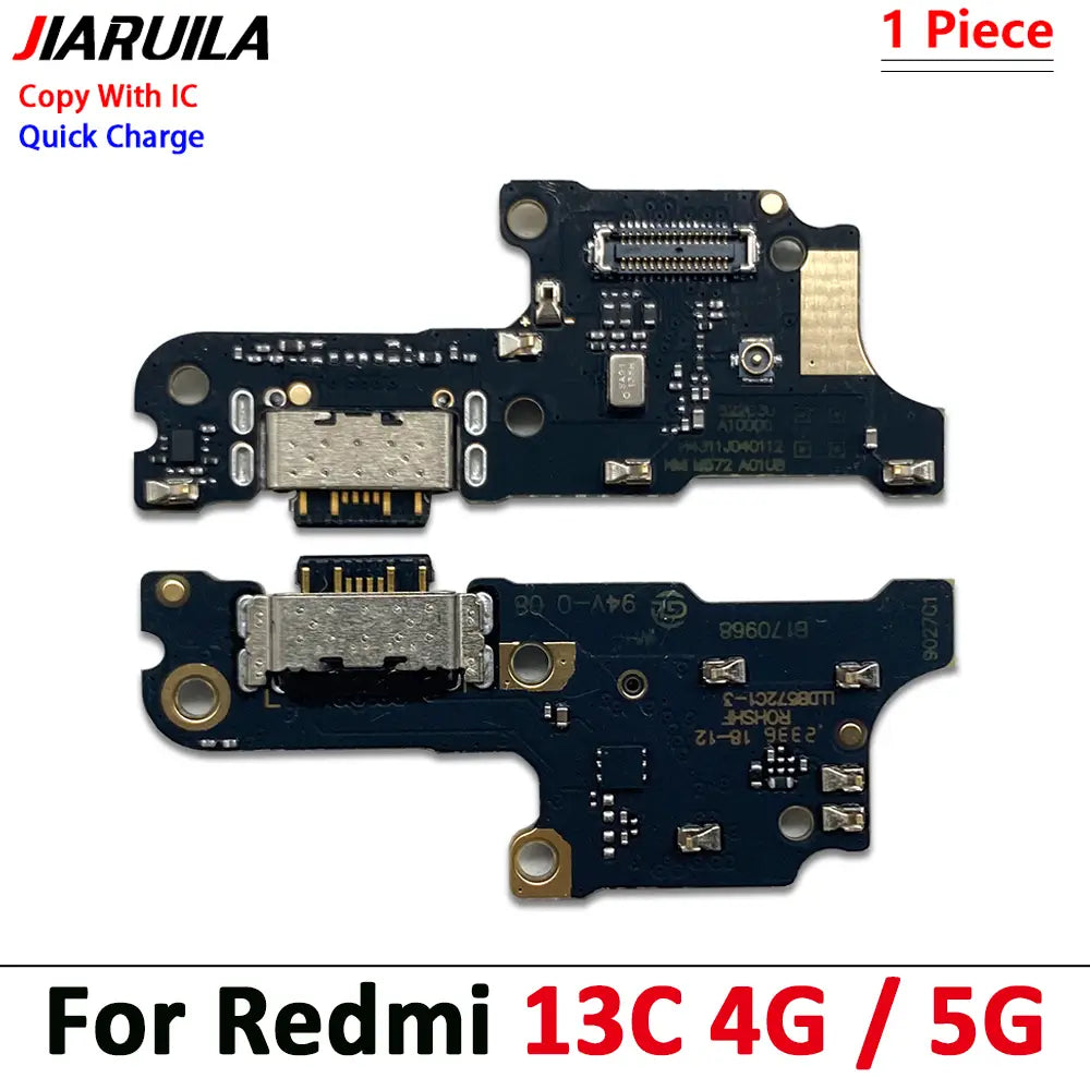 Schwarze Leiterplatte mit USB-Ladeanschluss-Flexkabel, silbernem USB-C-Anschluss und goldfarbenen Verbindern, ausgelegt als Ersatz für Smartphones Xiaomi Redmi 13c 4G/5G, Versand mit China Post und Schutzzeit.