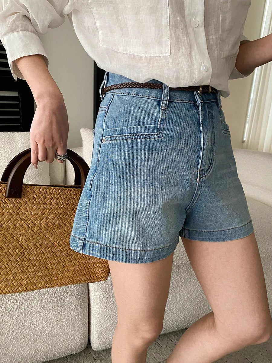 Summer women's casual solid color high waist loose A-line wide leg denim shorts