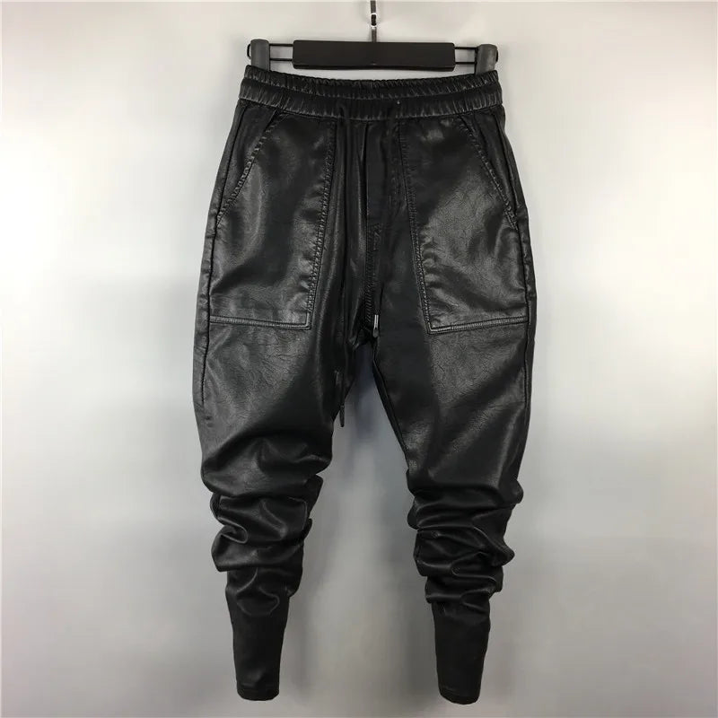 Men Casual Cargo Harem Pants High Street Hip Hop Length PU Faux Leather Sweatpants Autumn Winter Black Big Size