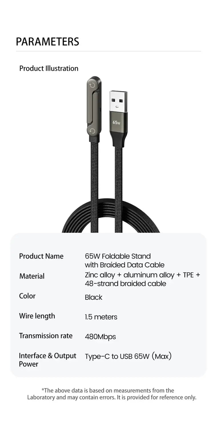 Black braided data cable with a sleek metallic 65w foldable stand for type-c to USB fast charging and phone holding