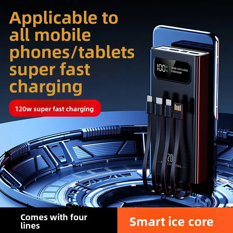 Black rectangular power bank with red accent edges, digital display showing 100% charge, multiple usb ports, available in 50000mah 30000mah 10000mah capacities with 120w built-in cables.