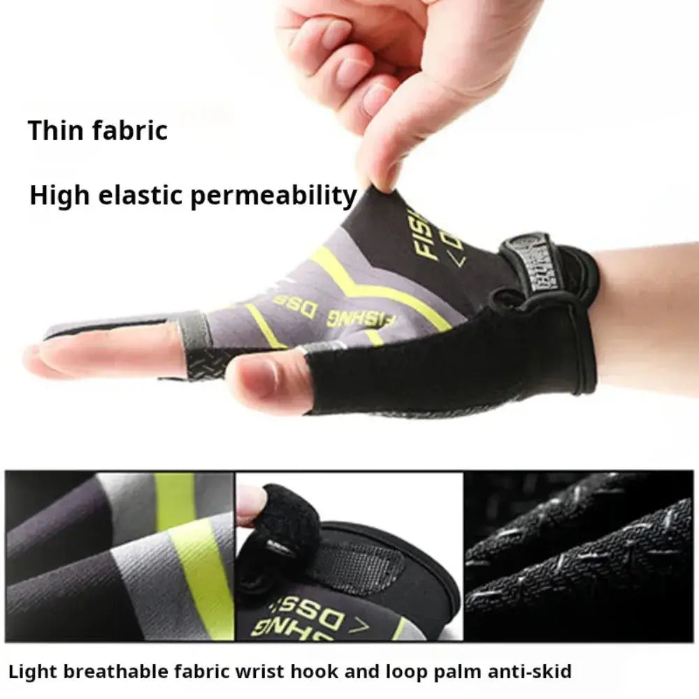 Black and neon yellow ice silk three finger fishing glove with gray accents and breathable fabric shown from the back side.