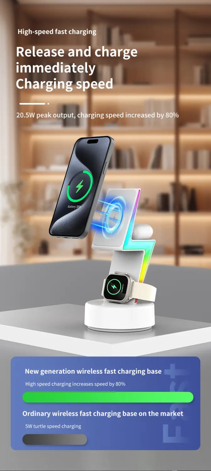 White wireless charging 3 in 1 RGB stand magnetic with three tiers designed for simultaneous smartphone and smartwatch charging featuring optimized wireless charging output power.