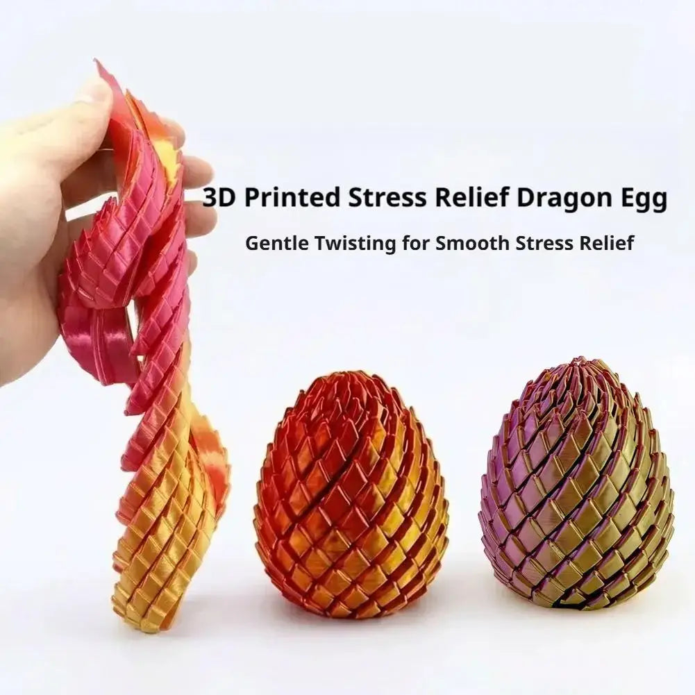 A vibrant red and gold 3d printed dragon egg fidget toy with textured interlocking scale design viewed from the front
