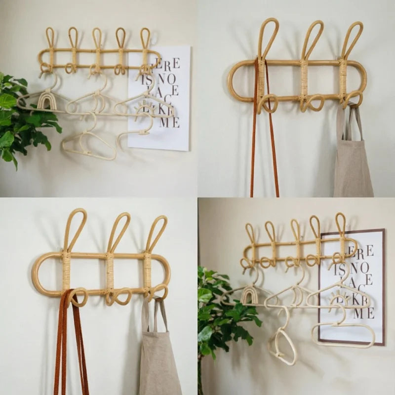 Kids Room Clothing Storage Rack Rattan Wall Hooks Clothes Hat Hanging Hook Garments Organizer Decor Rattan Hanger For Children