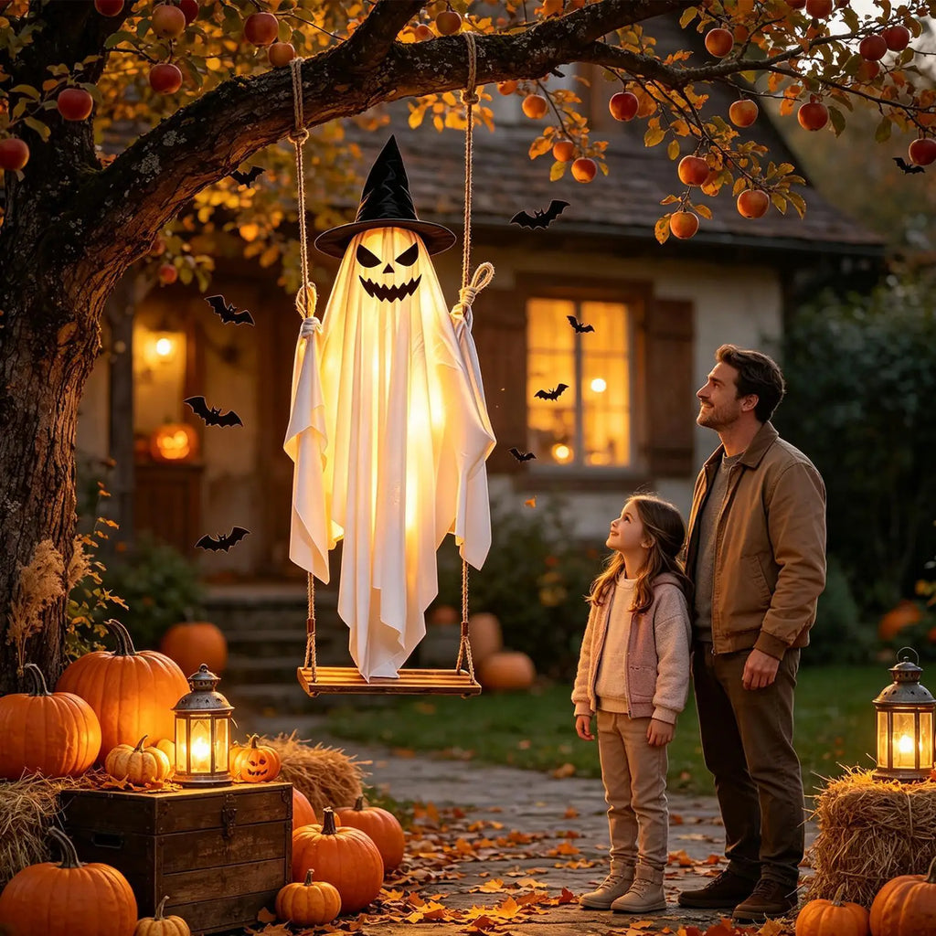 Halloween Swinging Ghost Decor 47 Inch Spooky Outdoor Animated Decoration for Garden Tree Hanging Props Light Up Creepy Ornament