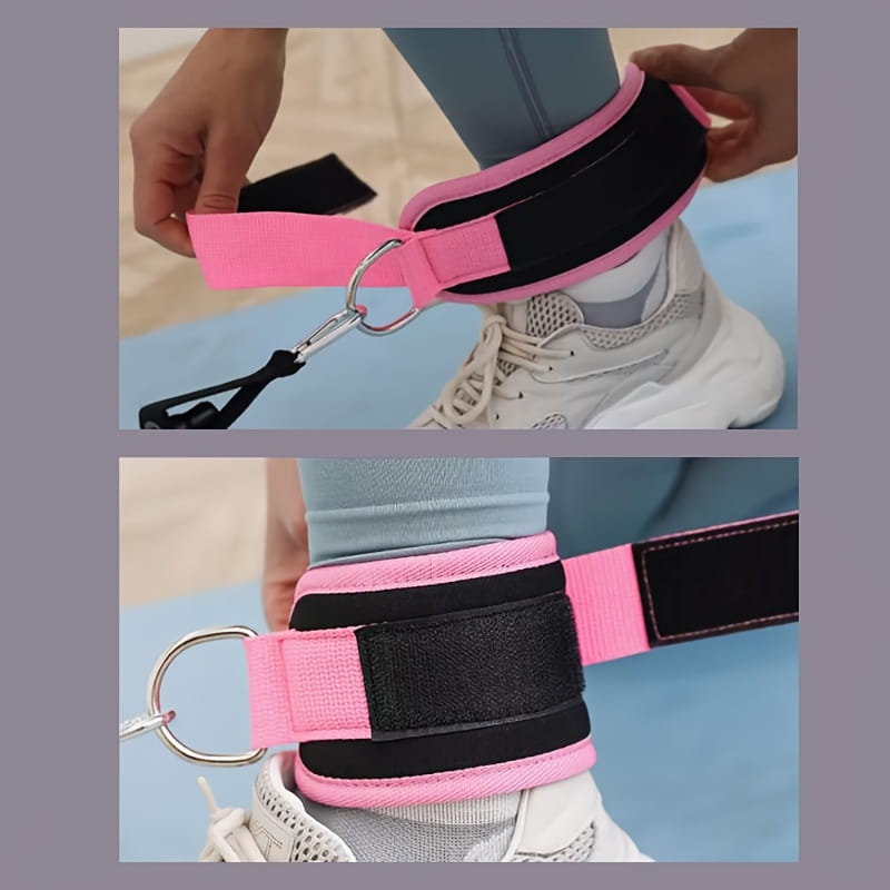Rosa- und schwarze gepolsterte Knöchelriemen mit verstellbarem Riemen und Metall-D-Ringen für den Fitnessgebrauch, dargestellt von der Vorderseite