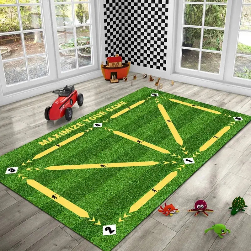 Green grassy non slip soccer training mat with yellow directional arrows and numbered white squares featuring maximize your game text for dribble practice equipment.