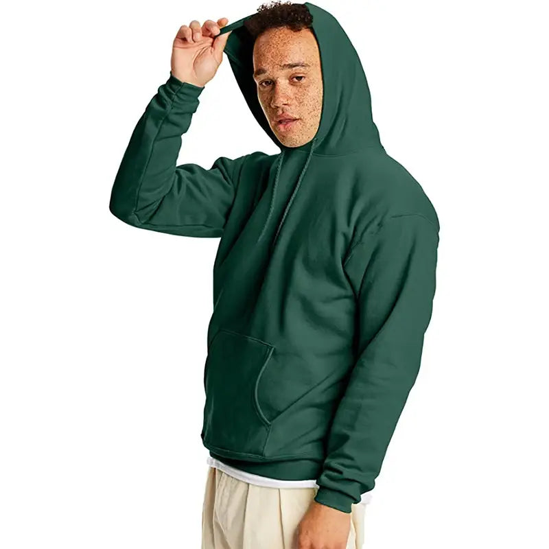 Dunkelgrüner übergroßer Fleece-Pullover mit Kapuze für Herren mit Kapuze, Fronttasche und Kordelzug-Verschluss