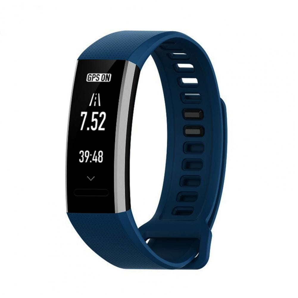 Bracelet en silicone bleu pour Huawei Band 2 Pro, avec un écran rectangulaire affichant l’état du GPS et des indicateurs d’entraînement, conçu comme une sangle de bracelet.
