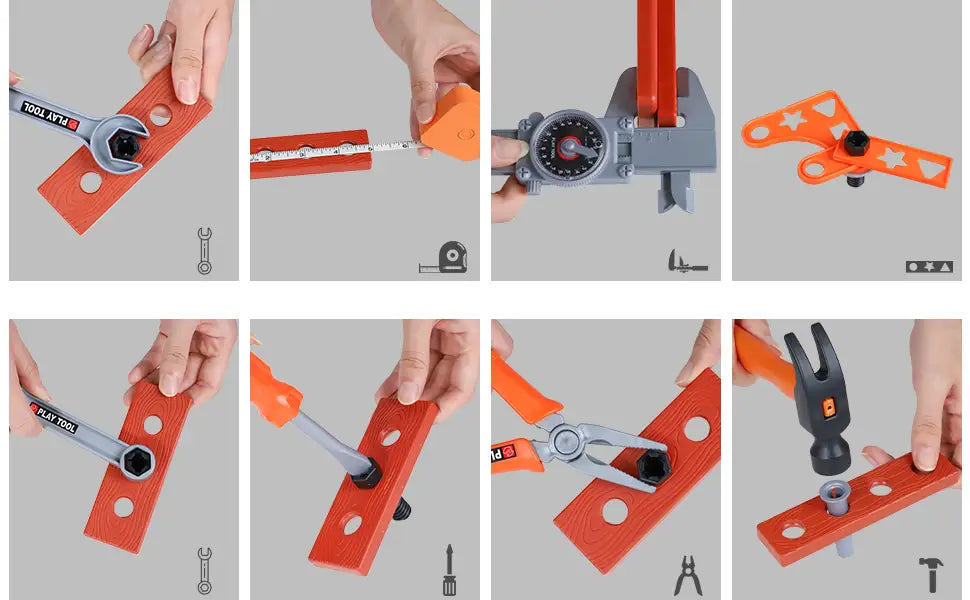 ensemble de jouets d’outils pour enfants orange avec divers mini-outils et une perceuse électrique sur une plaque de base rouge, pour jouer avec l’établi