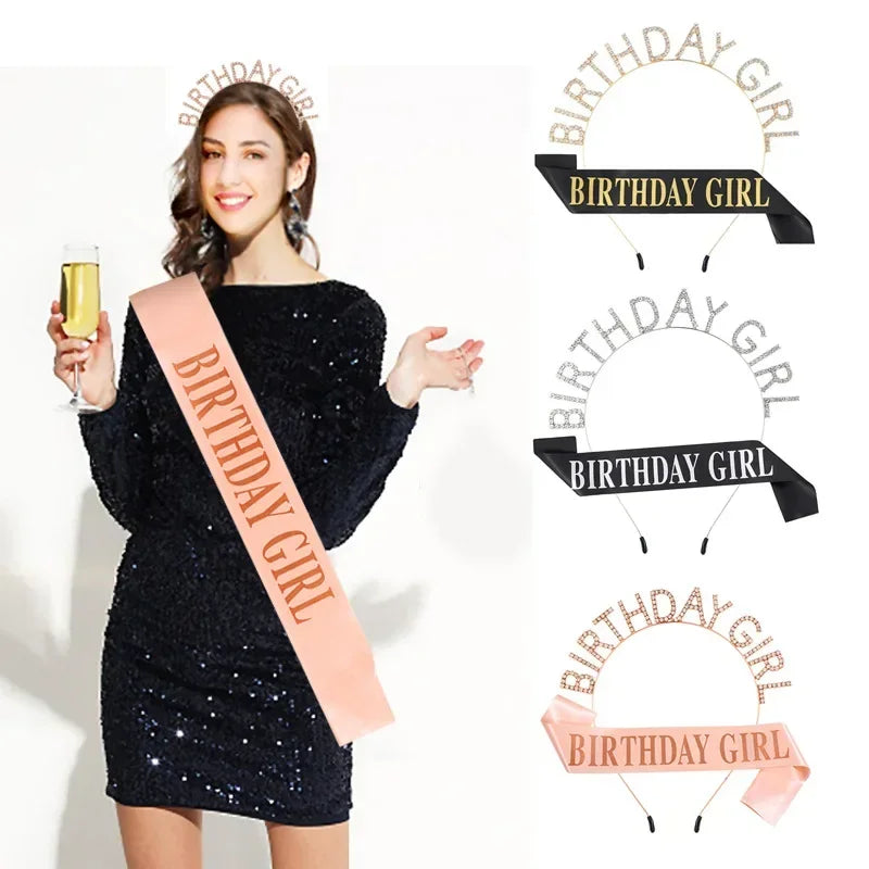 Birthday Crowns for Women Girl Sash Tiara Princess Rhinestone Girl Headband Gifts Happy Birthday Accessories Wedding Festival