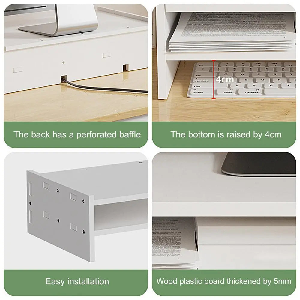 Elevador de monitor de tres niveles y estantería organizadora para escritorio en color blanco, con respaldo perforado, base elevada para la gestión de cables y almacenamiento de teclado.