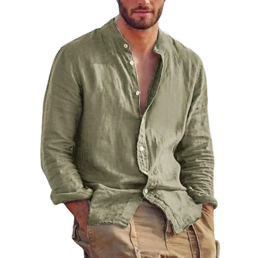 Men’s olive green linen long sleeve casual shirt with a button-down front and rolled cuffs.