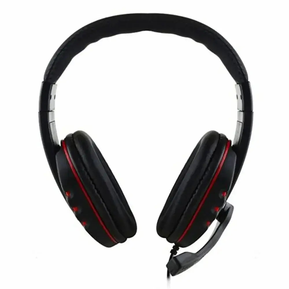 Schwarzer Over-Ear-Wired-Gaming-Headset mit roter Akzentnaht und abnehmbarem Mikrofon für die Verwendung mit PS4 und PC.