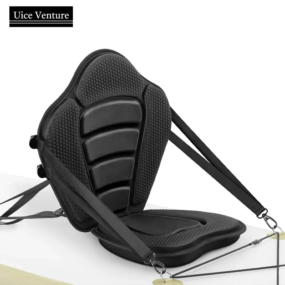 Deluxe padded kayak seat with ergonomic black uice venture back support featuring textured padded surfaces and adjustable straps shown from the back side.