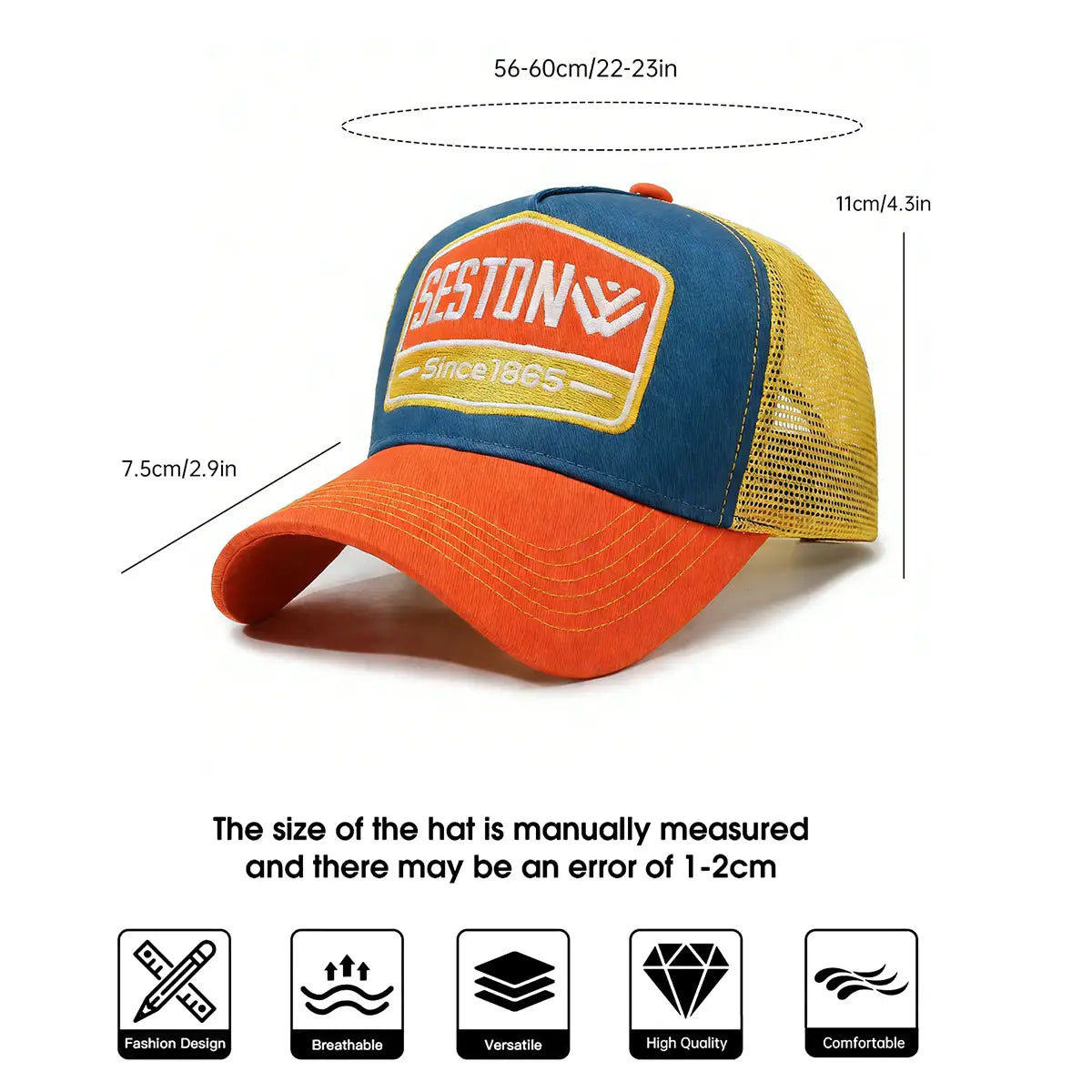 A vibrant blue, yellow, and orange trucker hat with a prominent embroidered Geston since 1865 logo patch on the front.