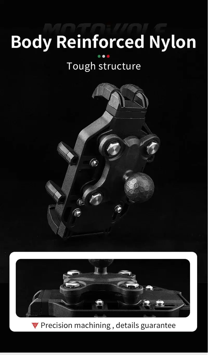 Black body-reinforced nylon motorcycle wireless charging phone mount with metallic accents and a textured golf ball-shaped knob.