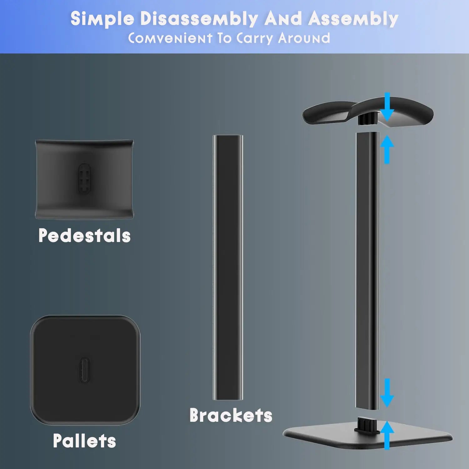 black metal headphone stand with adjustable height and detachable components for easy assembly designed as a matte aluminum earphone stand