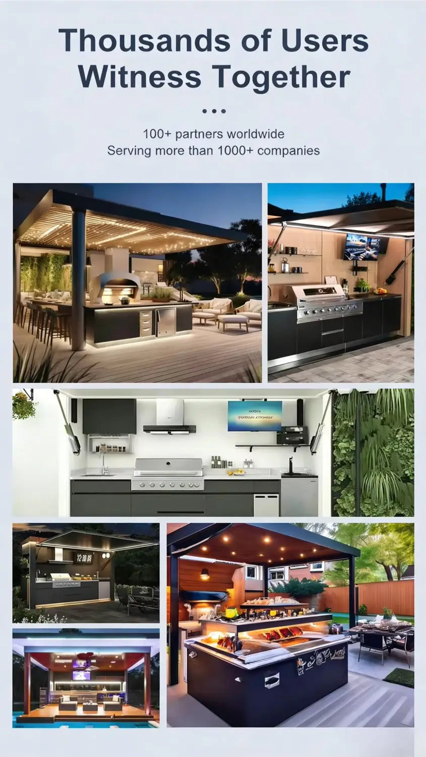 Stainless steel outdoor kitchen grills with sleek modern designs and integrated countertops in a modular kitchen outdoor cabinet set emphasizing durability and customer service.
