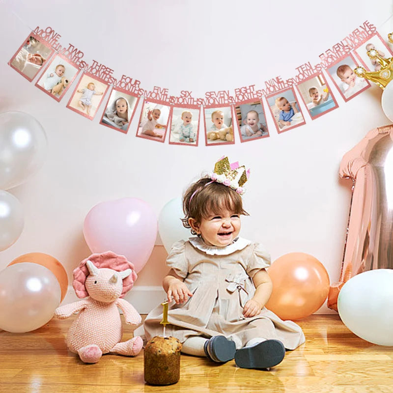 Birthday Baby One Year 12 Months Photo Banner Boy Girl 1 Year First Birthday Party Picture Photo Frame Garland Anniversary Decor