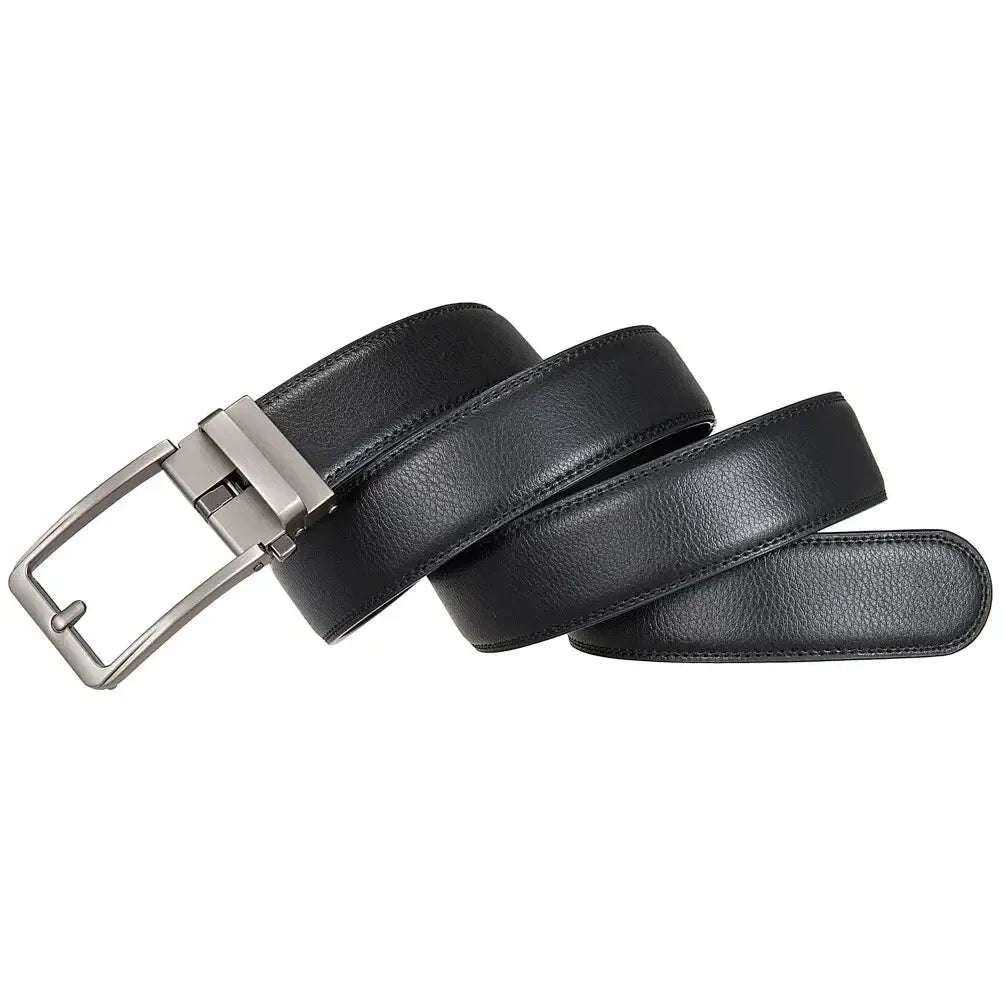 Black leather belt with a silver toned automatic buckle designed for men.